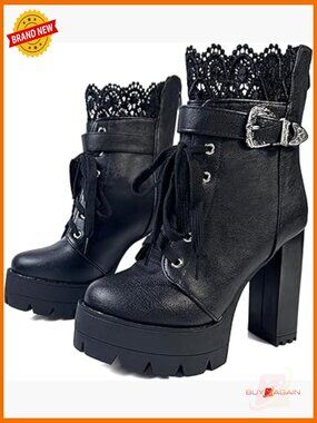 Platform Combat Boots with Buckle and Zipper, Chunky Heel Ankle Boots